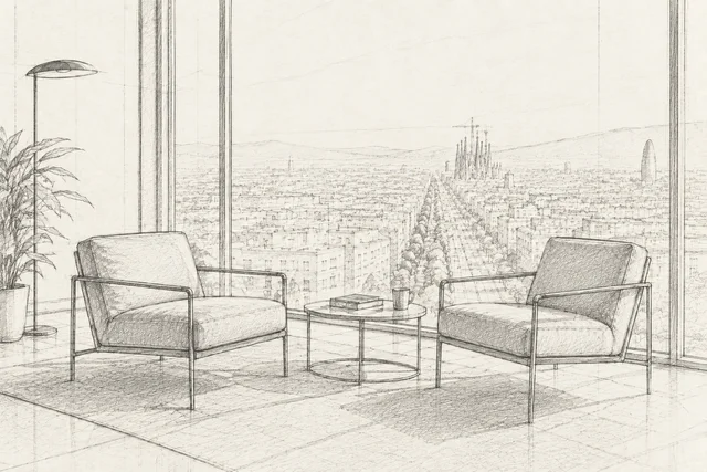 Ilustración a lápiz de un despacho con vistas a Barcelona