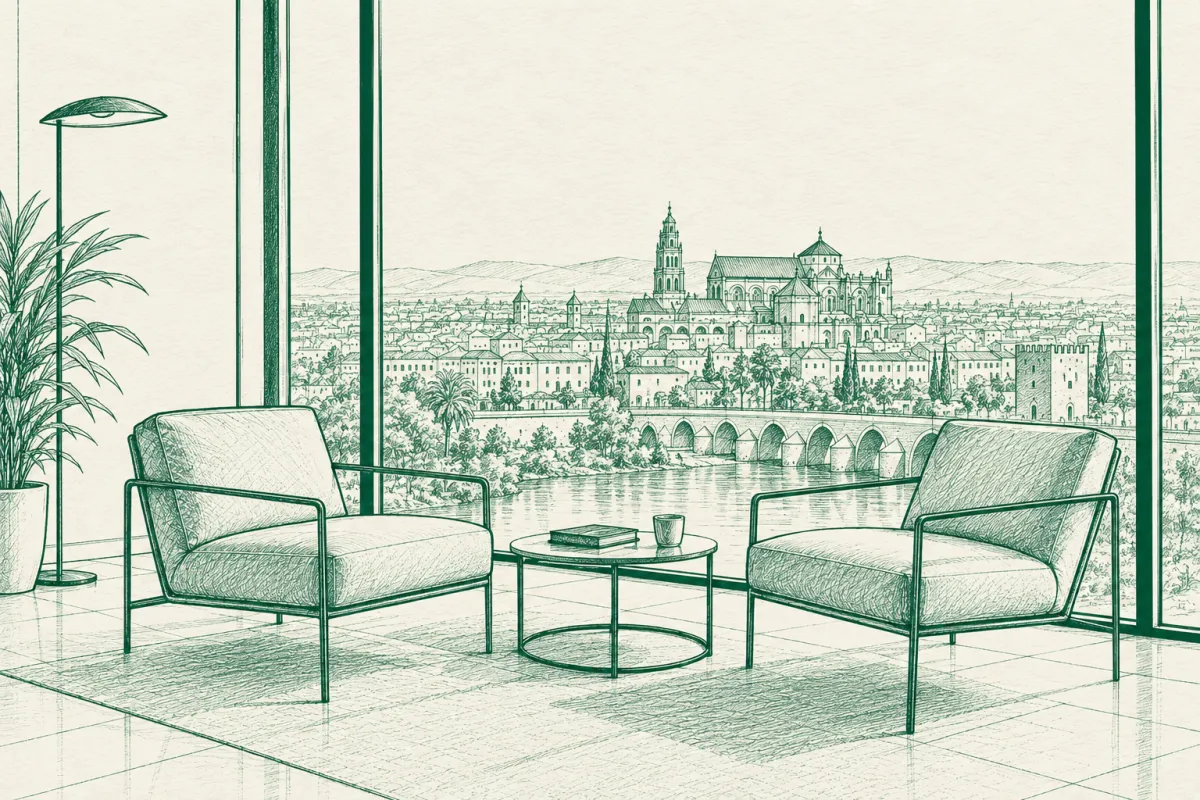 Ilustración a lápiz de un despacho con vistas a la Mezquita-Catedral y el Puente Romano de Córdoba